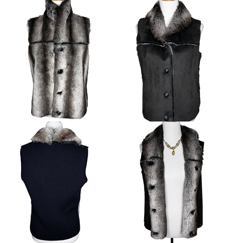 Animal Print Reversible Faux Fur Suede Vest Gray Black Size XL Warm Soft Boho